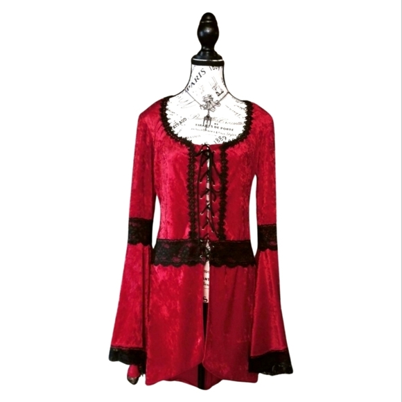 Vintage 90s Lip Service Red Velvet Lace-Up Tunic with Black Lace Accents - Picture 1 of 9